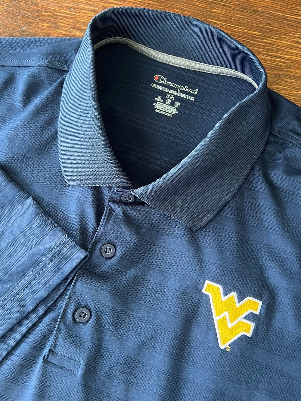 Champion West Virginia University WVU Polo Shirt Navy Blue Stripe 2XL